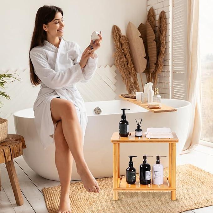 Bamboo Shower Bench Stool, Shower Stool for Inside Shower with Storage Shelf, Waterproof Shower Chair Spa Bath Seat, Bathroom Bench Seat for Adults for Indoor or Outdoor Use. - ModernBath