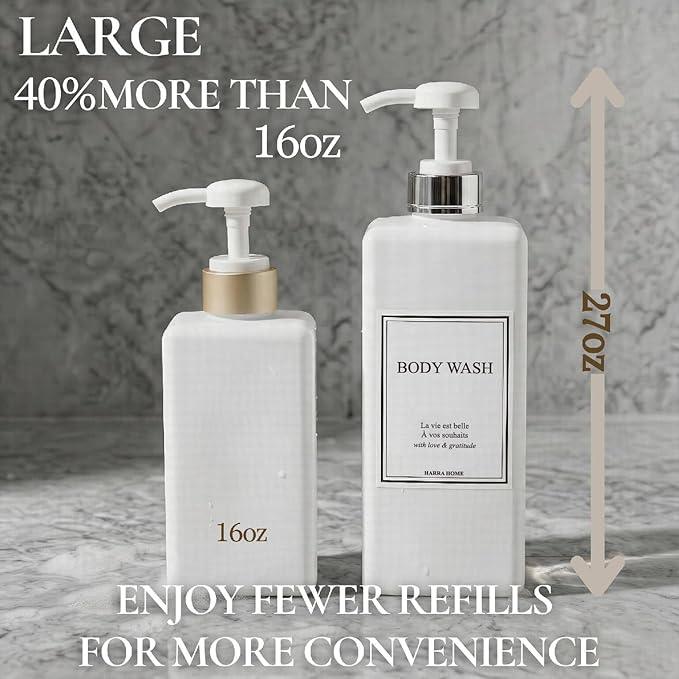 Shampoo and Conditioner Dispenser - Modern Design Large 27oz Shower Soap Dispenser Set of 3, Refillable Empty Plastic Pump Bottles for Bathroom, 6 Waterproof Labels Included, White & Silver - ModernBath