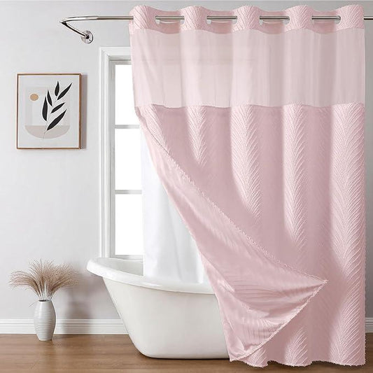 eachope no Hook Shower Curtain and Liner Set，Boho Style with See Through Top Window, Pink Fabric Tufted Striped Textured Outer Curtain & Waterproof Inner Liner, Pink, 71Wx80H - ModernBath