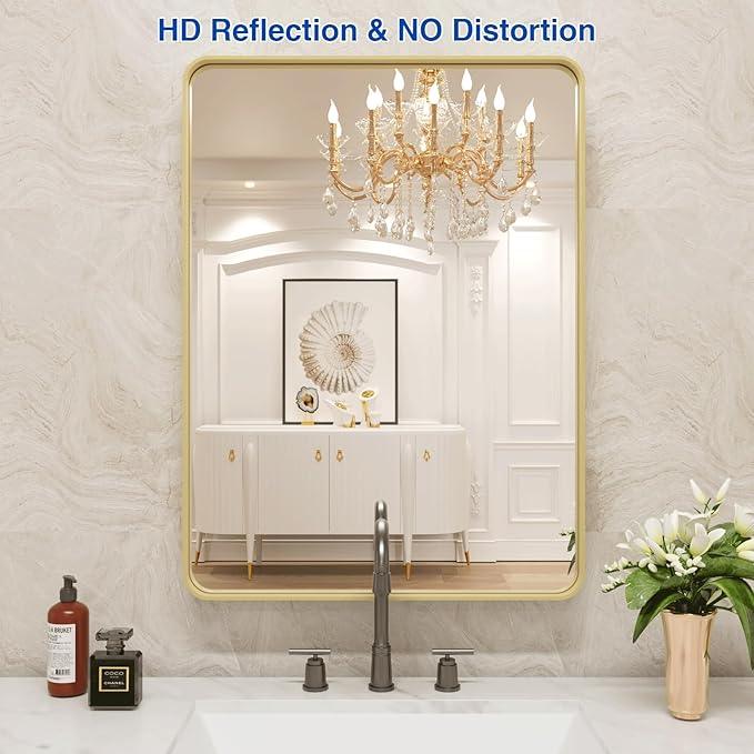 WEER Gold Bathroom Mirror, 20X30 Inch Brushed Gold Metal Frame Mirror, Rounded Rectangle Gold Bathroom Vanity Mirror for Wall, Tempered Glass, Anti-Rust, Hangs Horizontally or Vertically - ModernBath