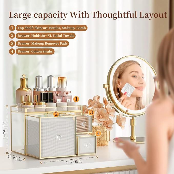 CoralHouse Multifunctional Face Towel Holder with 3 Drawers – Tempered Glass Cotton Pad & Swab Organizer – Disposable Face Towel Holder for Bathroom Vanity - ModernBath