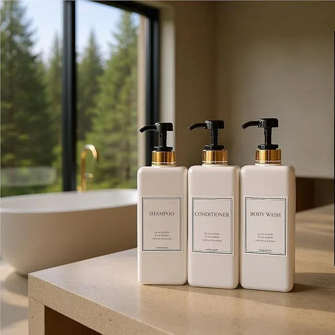 Shampoo and Conditioner Dispenser - Modern Gold Design Large 27oz Shower Soap Dispenser Set of 3, Refillable Empty Plastic Pump Bottles for Bathroom, 6 Waterproof Labels Included, Black - ModernBath