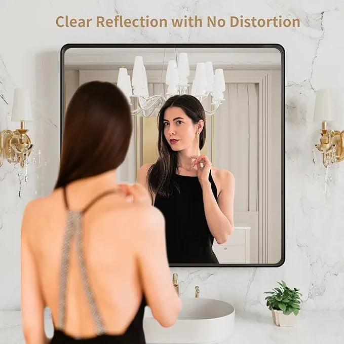 LOAAO 38x38 Inch Black Metal Framed Bathroom Mirror for Wall, Matte Black Bathroom Vanity Mirror Farmhouse, Large Rounded Rectangle Mirror, Anti-Rust, Tempered Glass, Hangs Horizontally or Vertically - ModernBath