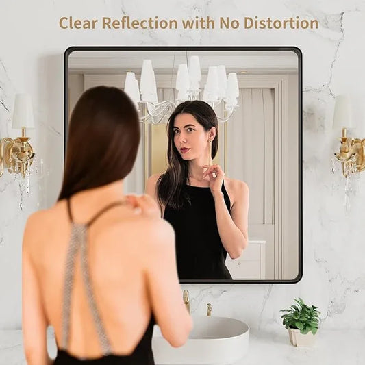 LOAAO 38x38 Inch Black Metal Framed Bathroom Mirror for Wall, Matte Black Bathroom Vanity Mirror Farmhouse, Large Rounded Rectangle Mirror, Anti-Rust, Tempered Glass, Hangs Horizontally or Vertically - ModernBath