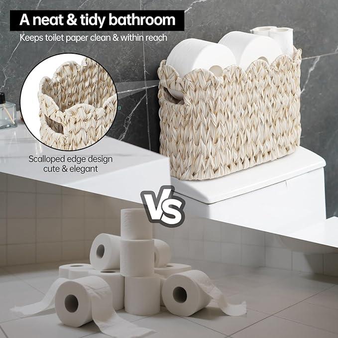 Toilet Paper Storage Basket,Boho Decorative Scalloped Baskets,Coastal Bathroom Decor,Hand-Woven Plastic Wicker Bathroom Accessories Organizer - ModernBath