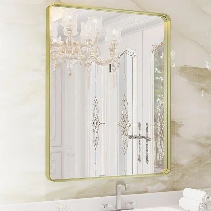 WEER Gold Bathroom Mirror, 28X36 Inch Brushed Gold Metal Frame Mirror, Rounded Rectangle Gold Bathroom Vanity Mirror for Wall, Tempered Glass, Anti-Rust, Hangs Horizontally or Vertically - ModernBath