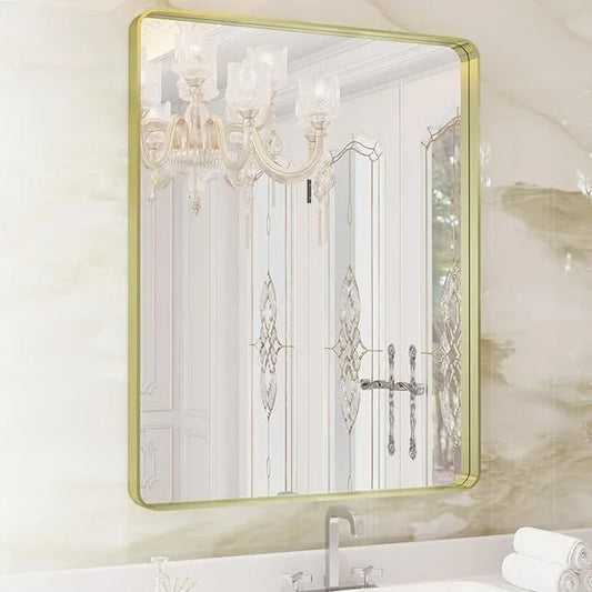 WEER Gold Bathroom Mirror, 28X36 Inch Brushed Gold Metal Frame Mirror, Rounded Rectangle Gold Bathroom Vanity Mirror for Wall, Tempered Glass, Anti-Rust, Hangs Horizontally or Vertically - ModernBath