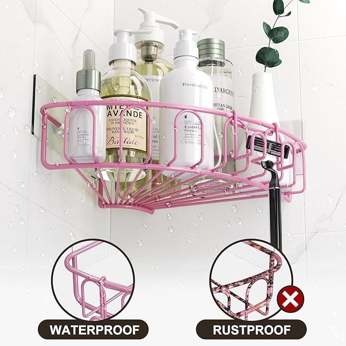 Orimade Corner Shower Caddy with 2 Hooks Wall Mounted Metal Bathroom Shelf Storage Organizer Adhesive No Drilling 2 Pack, Pink Only for 90-Degree Corner - ModernBath
