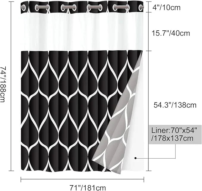 Yiatn No Hook Black Shower Curtain with Snap in Fabric Liner Set - Hotel Style with See Through Mesh Top Window - 71x74 INCH - ModernBath