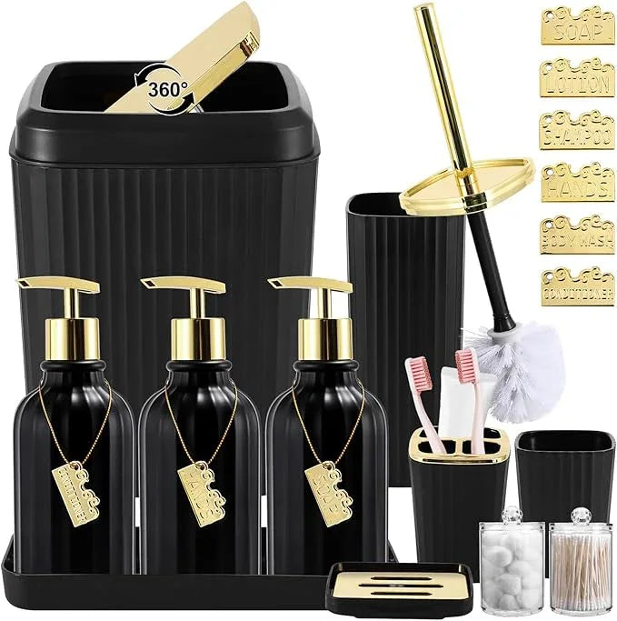 WSBArt 17PCS Bathroom Accessories Bathroom Set Black Bathroom Accessories,Toilet Brush, Trash Can, Qtip Holder Dispenser& 3PCS Soap Dispenser - ModernBath