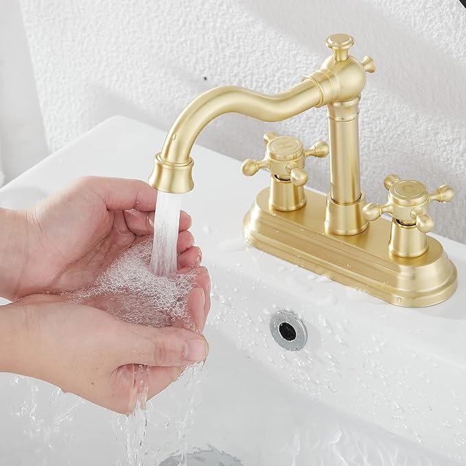 Bathroom Faucet Brushed Gold GGStudy 2 Handles 4 Inches Centerset Bathroom Vanity with Drain Assembly and Supply Hose Lavatory Mixer Double Handle Tap - ModernBath