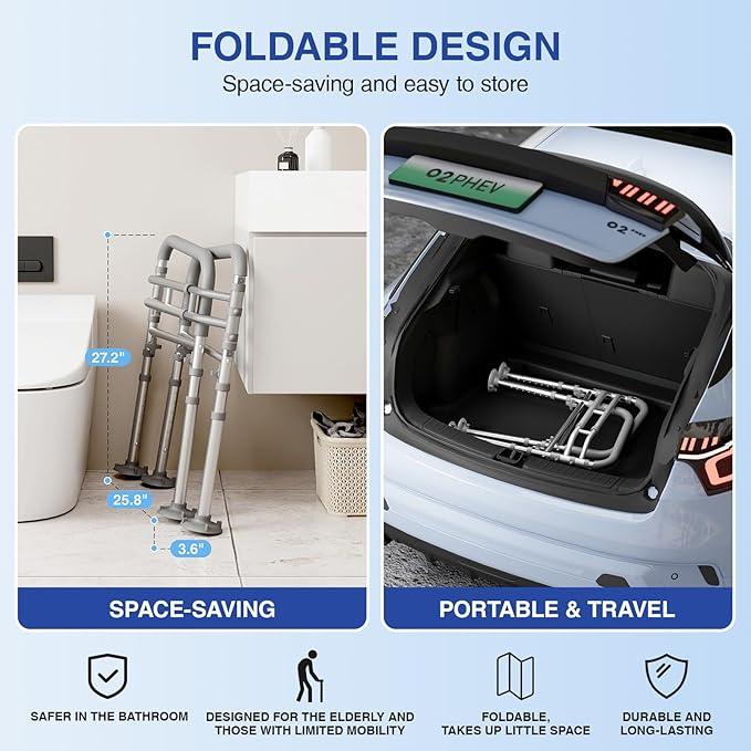 Loyoda Foldable Toilet Safety Rails for Seniors - Adjustable Toilet Safety Frame & Toilet Handles for Elderly & Disabled, Fits Most Toilets, 350lb Capacity, Gray - ModernBath