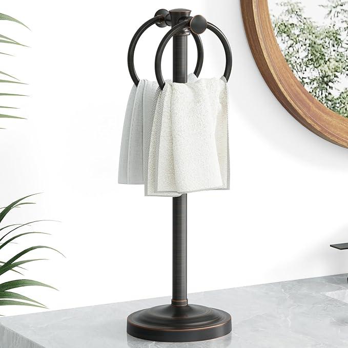 Hoimpro 17 Inch Oil Rubbed Bronze Stainless Steel Free Standing Towel Rack Bar, Double Stand Towel Ring Hand Towel Holder Hanger, Towel Hardware for Bathroom Vanity Kitchen Countertops - ModernBath
