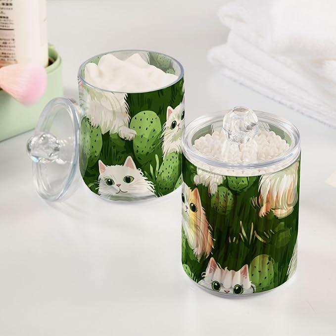 Tatenale Qtip Holder Bathroom Set Q tip Cotton Ball Swab Pad Dispenser Container Organizer Plastic Jars with Lids Storage 2Pack Green Cat and Cactus - ModernBath