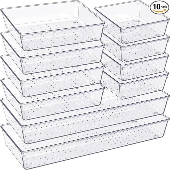 Criusia Drawer Organizer, 10 Pack Large Clear Plastic Set, 3 Size Versatile Bathroom and Vanity Organizer Trays, Storage Bins for Makeup, Bedroom, Kitchen Utensils - ModernBath