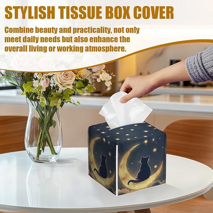 Starry Night Cat Tissue Box Cover 2PCS, Leather Tissue Box Holder Square Facial Paper Case Tissue Box Cube Organizer for Bathroom Bedroom Desk Office - ModernBath