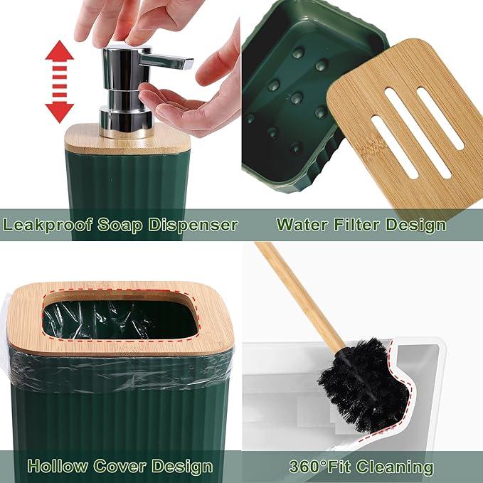 XLHOMO Dark Green Bathroom Accessories Set, 9-Piece Green Bathroom Set with Trash Can, Tray, Soap Dispenser, Toothbrush Holder, Toothbrush Cup, Soap Dish, Toilet Brush and Q-tip Holders - ModernBath