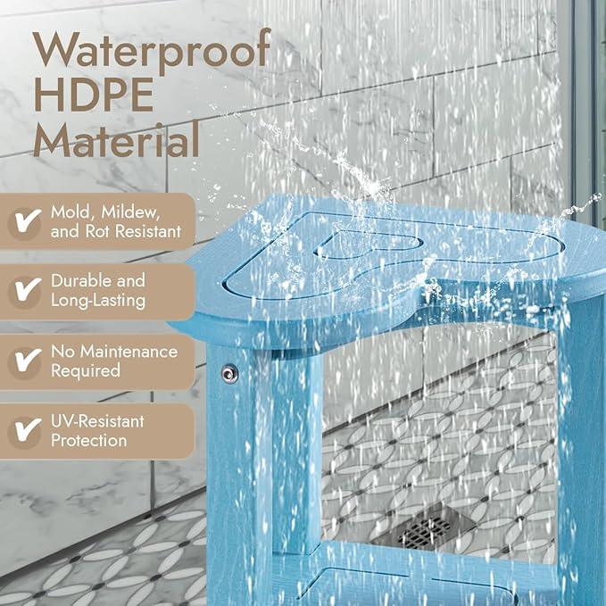 UHA Corner Shower Stool for Shaving Legs， HDPE Waterproof Bathroom Shower Bench, Poly Lumber Corner Seat with Storage Shelf, Adjustable Height Non-Slip Feet, No Maintenance(Pacific Blue) - ModernBath