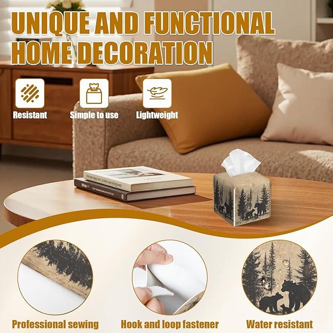 Bear Pine Tree Tissue Box Cover 2PCS, Leather Tissue Box Holder Square Facial Paper Case Tissue Box Cube Organizer for Bathroom Bedroom Desk Office - ModernBath