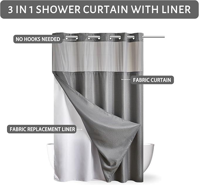 Furlinic Stall Size No Hook Shower Curtain with Snap in Liner,Waffle Weave Heavy Duty Fabric Bathroom Curtains with See Through Top Window,Waterproof & Machine Washable,Grey,36x72 Inch - ModernBath