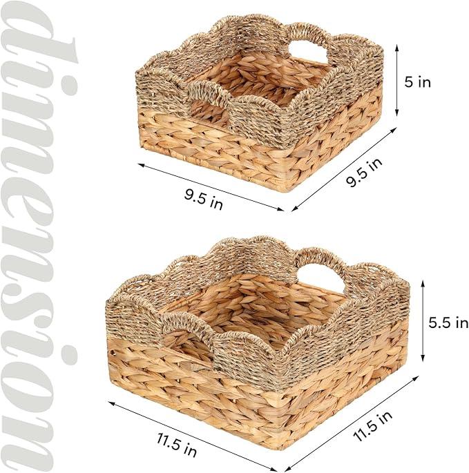 Scalloped Baskets (Natural-Set of 2) Wicker Basket For Decor, Basket Living Room Organizer, Bathroom, Bedroom, Laundry,... Water Hyacinth Mix Seagrass Storage Baskets with Built-in Handles. - ModernBath