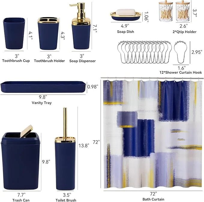 XLHOMO Blue and Gold Bathroom Accessories Set, Bathroom Sets with Shower Curtain, Blue Bathroom Accessories with Trash Can, Soap Dispenser, Soap Dish, Toilet Brush Holder, Qtip Holders for Bathroom - ModernBath