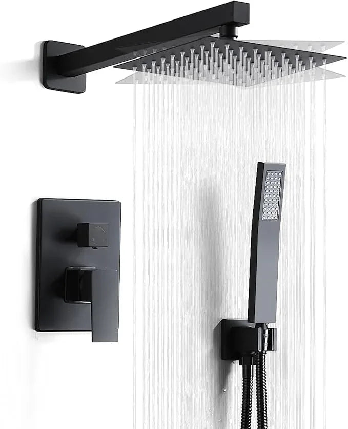 RTTWYYUU Matte Black Shower Head and Handle Set 8 Inch, Rain Shower Head with 2 Hooks, Luxury Rain Shower Set Square Wall Mount for Bathroom with Rain Shower and Handheld Shower System - ModernBath