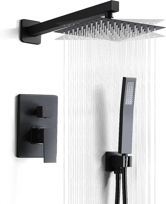 RTTWYYUU Matte Black Shower Head and Handle Set 10 Inch, Rain Shower Head with 2 Hooks, Luxury Rain Shower Set Square Wall Mount for Bathroom with Rain Shower and Handheld Shower System - ModernBath