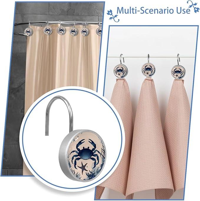 Retro Ocean Crab Shower Curtain Hooks, 12Pcs Decorative Rust Resistant Shower Rings for Shower Curtain Rods, Stainless Steel Round Curtain Hooks for Bathroom, Bedroom - ModernBath