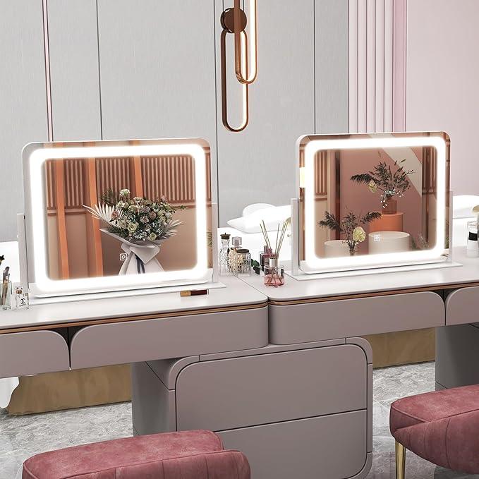 ROLOVE 22x17 Inch Lighted Vanity Mirror with Dimmable LED Lights - 3 Color Modes, Smart Touch Control & 360° Rotating Base - Desk Makeup Mirror (White) - ModernBath
