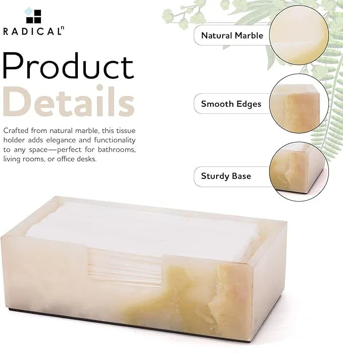 Radicaln Marble Tissue Box Cover 10x5 Inch Handmade White Onyx Decorative Tissues Paper Boxes for Bathroom Counter Organizer, Rectangle Napkin Holders for Office Desk & Room Décor Accessories - ModernBath