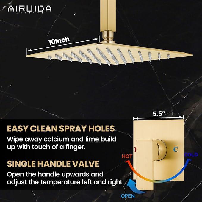 Airuida Shower Faucet Set and Handle Set Single Function Shower Trim Kit Ceiling Mount Rainfall Shower System with Male Threads and Rough-in Valve 10 Inch Square Shower Head Brushed Gold - ModernBath
