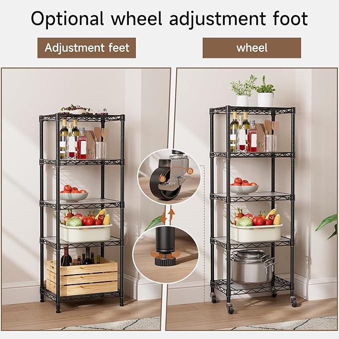 Small 5 Tier Shelves Storage Wire Shelving Unit Metal Shelf Adjustable Organizers Storage Shelving with Wheels for Bathroom Laundry Room Kitchen Pantry12”D x 18”W x 57.2”H Black - ModernBath