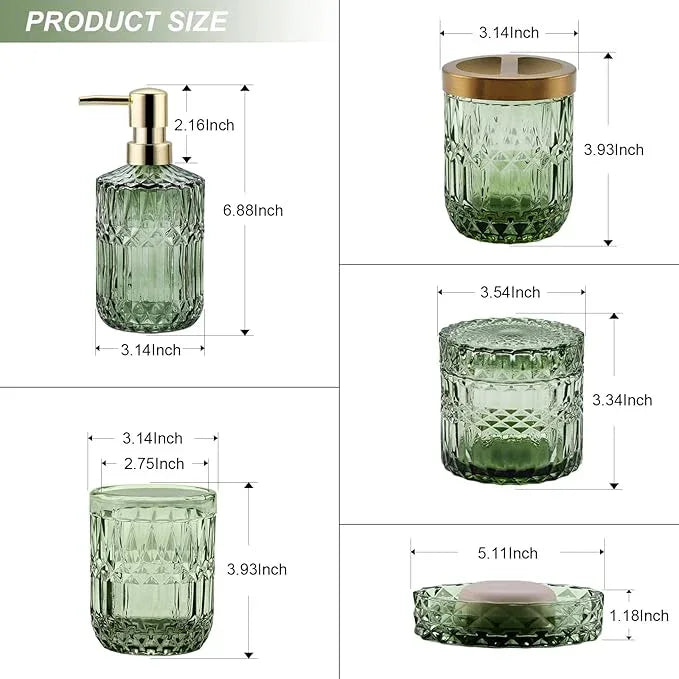 LaMarriti Green Bathroom Accessories Set, 5Pcs Clear Glass Bathroom Set Accessories, Soap Dispenser, Soap Dish, Toothbrush Holder Set, Tumbler, Qtips Holder for Vintage Crystal Bath Decor - ModernBath