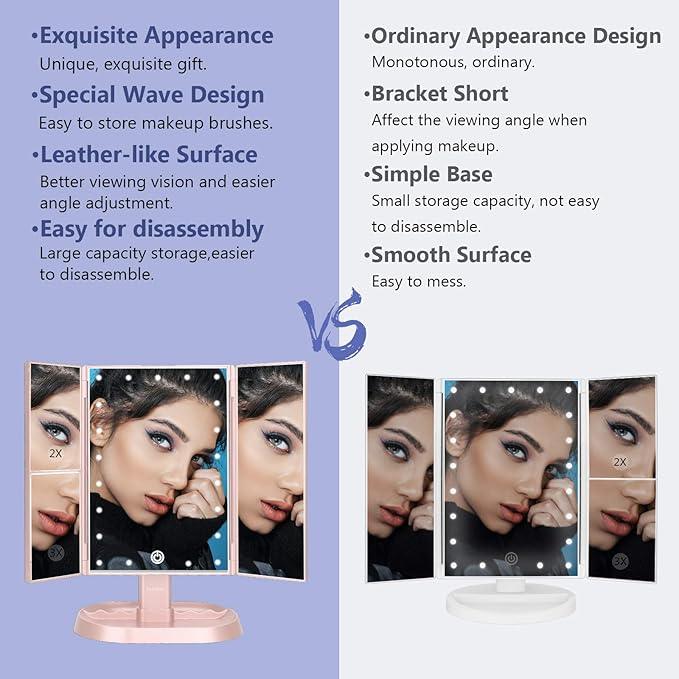 deweisn Trifold Lighted Vanity Makeup Mirror with 21 LED Lights,1x/2x/3x Magnification and Touch Screen Dimming,Two Power Supplies Makeup Mirror, Gift for Women - ModernBath