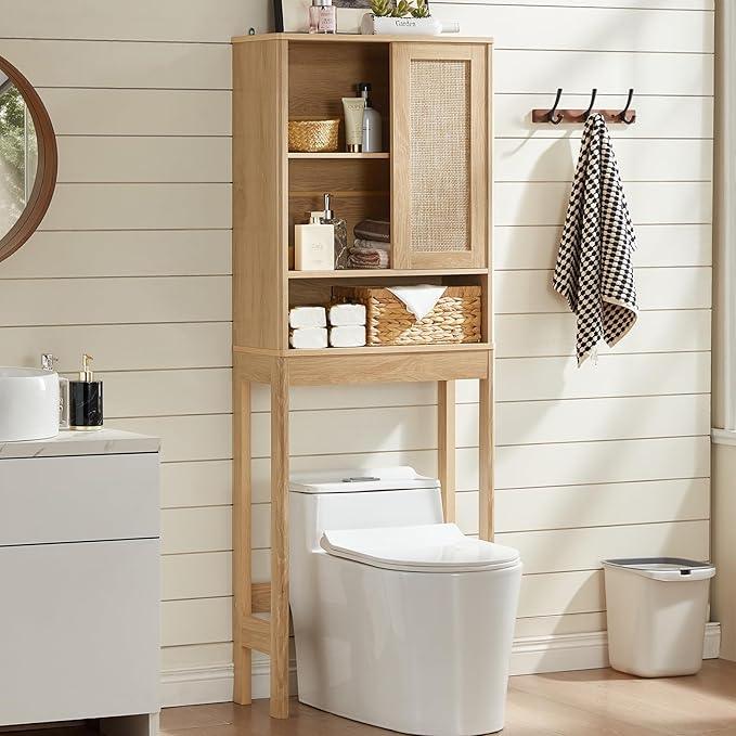 LEYAOYAO Over The Toilet Storage Cabinet with Rattan Sliding Door, 68" Tall Wood Above Toilet Bathroom Organizer w/Adjustable Shelf & Curved Profile, Space Saver Freestanding Washer Shelf, Natural - ModernBath