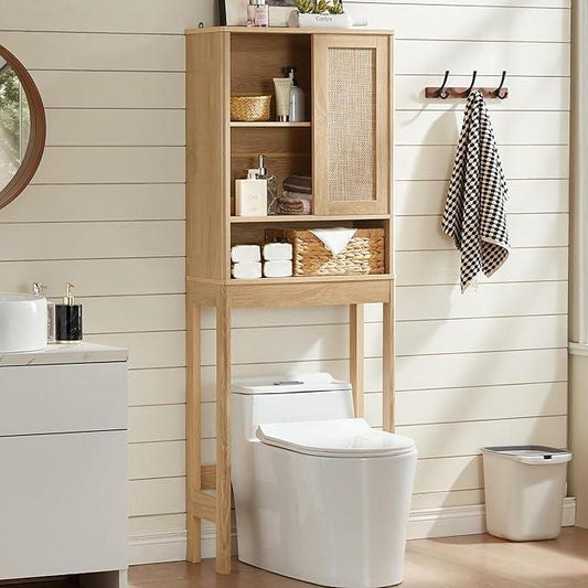 LEYAOYAO Over The Toilet Storage Cabinet with Rattan Sliding Door, 68" Tall Wood Above Toilet Bathroom Organizer w/Adjustable Shelf & Curved Profile, Space Saver Freestanding Washer Shelf, Natural - ModernBath