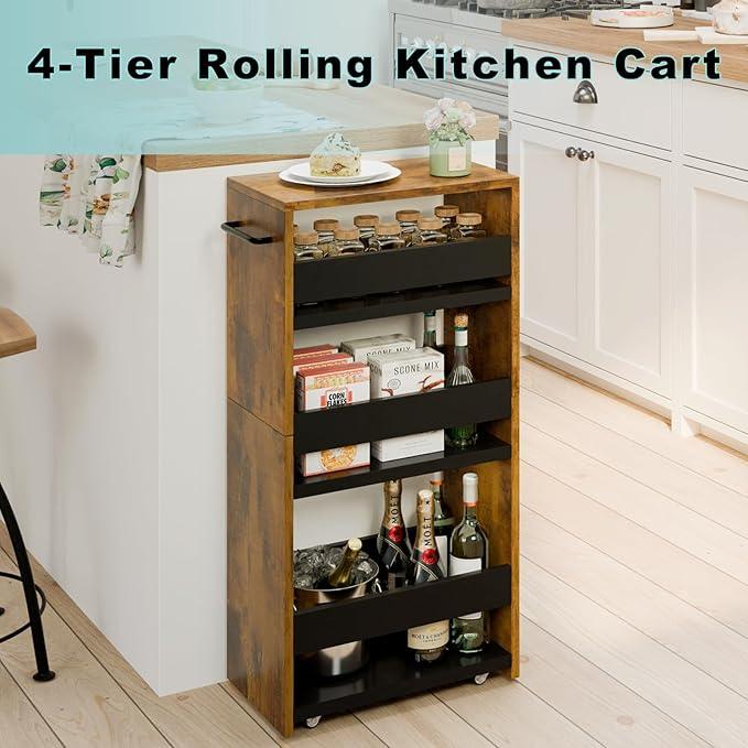 MARTY Rolling Storage Cart 7.9" W, 4-Tier Narrow Kitchen Cart with Wheels Handle, Slim Storage Mobile Shelving Utility Carts for Bathroom Laundry Room Organization Small Spaces(Rustic Brown) - ModernBath