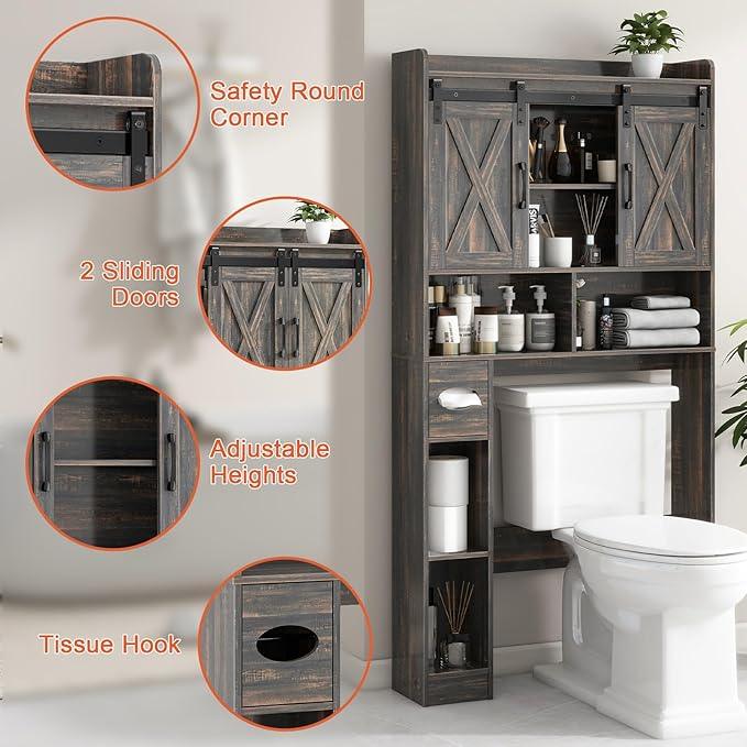 Vabches Over The Toilet Storage Cabinet, Farmhouse Storage Cabinet Over Toilet with Sliding Door& Toilet Paper Holder Stand，Home Space-Saving Toilet Rack, for Bathroom, Laundry and Restroom - ModernBath