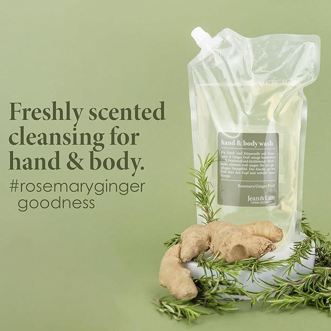 Moisturizing Liquid Hand & Body wash Rosemary Ginger Refill Pack by Jean&Len, silicone and paraben free with natural ingredients, vegan, 50.7 Fl. Oz. - ModernBath