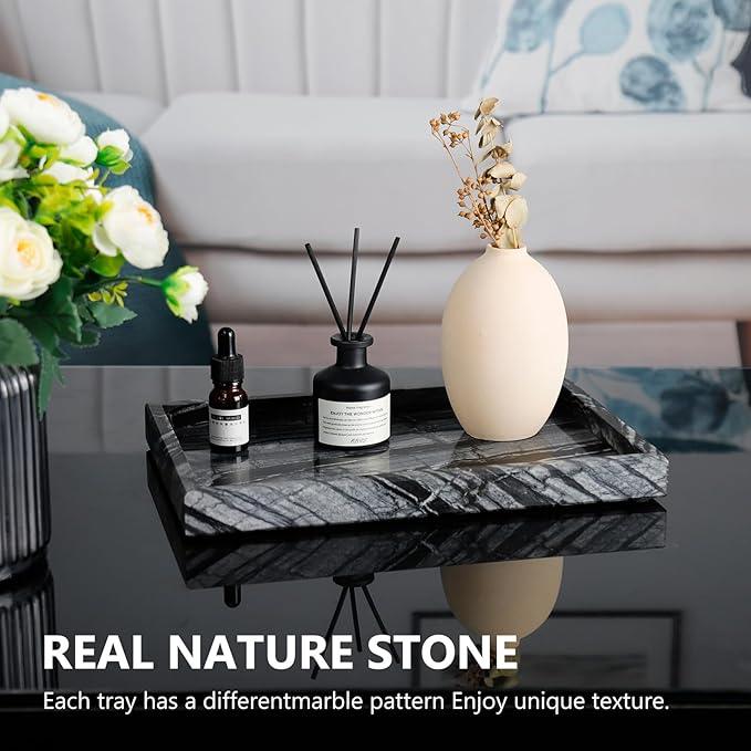 Zilukar Real Natural Marble Tray for Bathroom, Vanity, Kitchen and Desktop, Rectangle Genuine Marble Stone Tray for Jewelry, Cosmetics, Candles, Lotion, Perfume and Home Decor Wood Grain - ModernBath