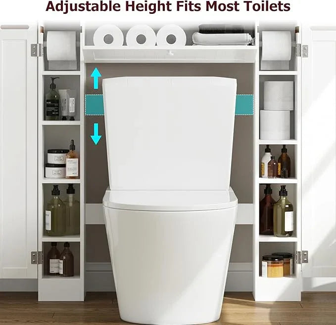Over The Toilet Storage Cabinet, Bathroom Space Saver with Paper Holder and Adjustable Shelves, Freestanding Toilet Cabinet Organizer with 2 Side Doors and Pull-Down Door, White - ModernBath