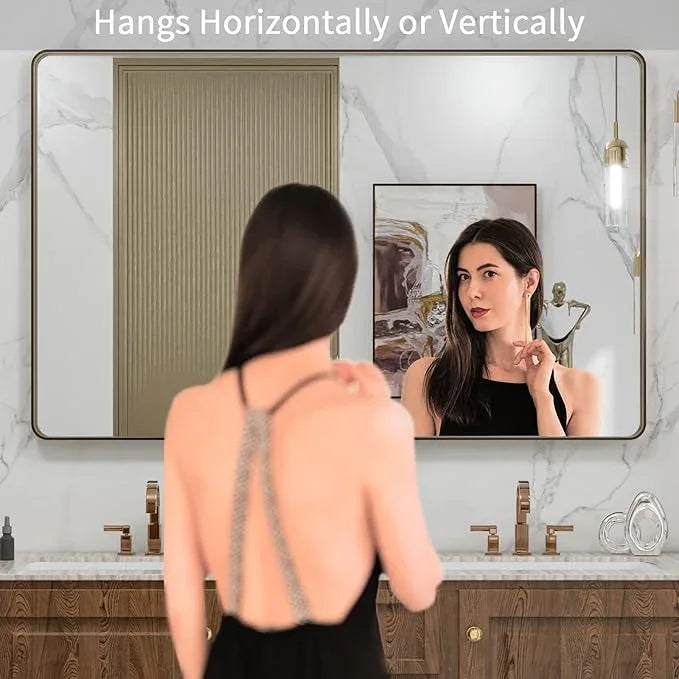 LOAAO 48”X30” Bronze Bathroom Mirrors for Vanity, Rounded Rectangle Brushed Bronze Metal Frame Mirror, Anti-Rust, Tempered Glass, Hangs Horizontally or Vertically - ModernBath