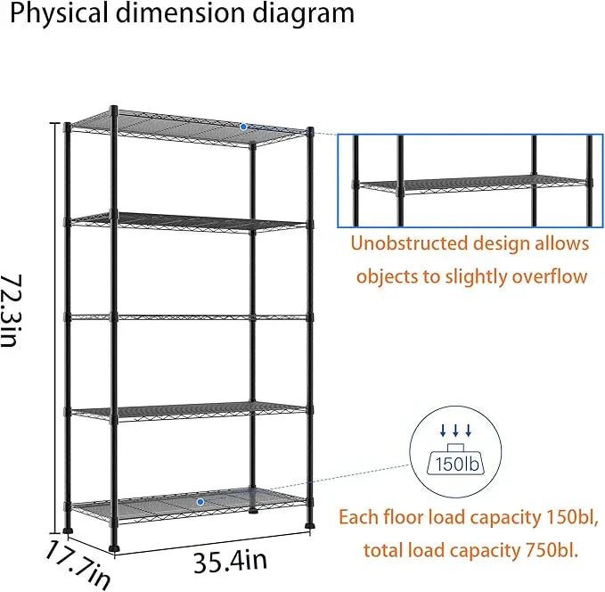 REGILLER 5-Wire Shelving Metal Storage Rack Adjustable Shelves,17.7" D×35.4" W×72.3" H Standing Storage Shelf Units for Laundry Bathroom Kitchen Pantry Closet - ModernBath