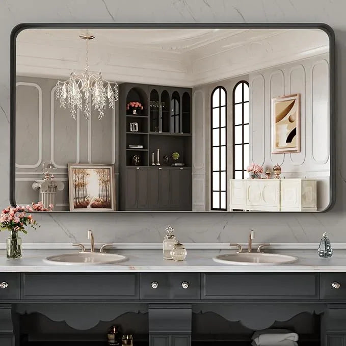 LOAAO 48X28 Inch Black Metal Framed Bathroom Mirror for Wall, Matte Black Bathroom Vanity Mirror Farmhouse, Anti-Rust, Tempered Glass, Hangs Horizontally or Vertically - ModernBath
