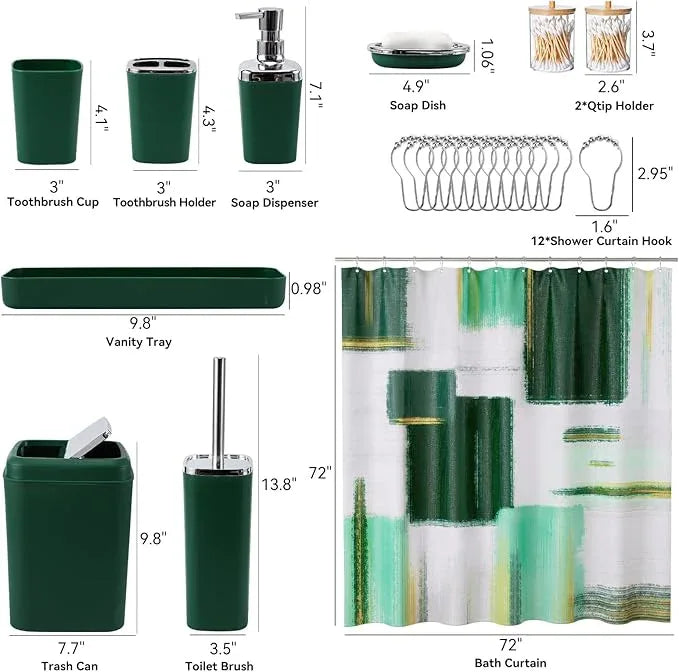 XLHOMO Dark Green Bathroom Accessories Set, Bathroom Sets with Shower Curtain, Green Bathroom Accessories with Trash Can, Soap Dispenser, Soap Dish, Toilet Brush Holder, Qtip Holders for Bathroom - ModernBath