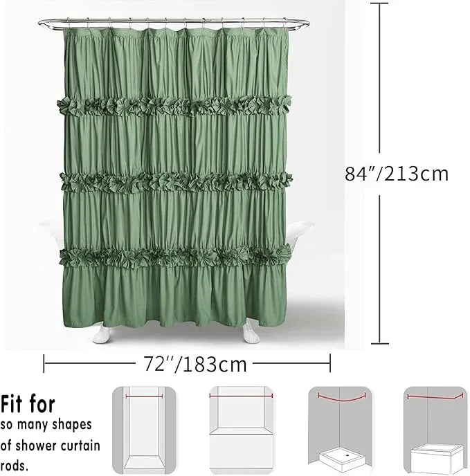 Homechoice Decor Light Green Ruffle Shower Curtain 72“ W x 84” H, Vintage Handcrafted Bow Tie Bath Curtain for Master Bathroom, Ruched Microfiber Bathroom Curtain with 12 Buttonholes (LQ-10) - ModernBath
