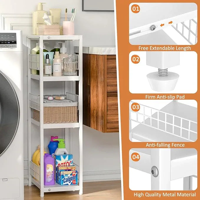 4 Tier Expandable Slim Storage Shelf, Metal Shelving Unit for Bathroom Storage Organizer, Freestanding Narrow Shelf for Small Spaces, Open Floor Shelves for Bathroom, Laundry Room, Kitchen,White - ModernBath