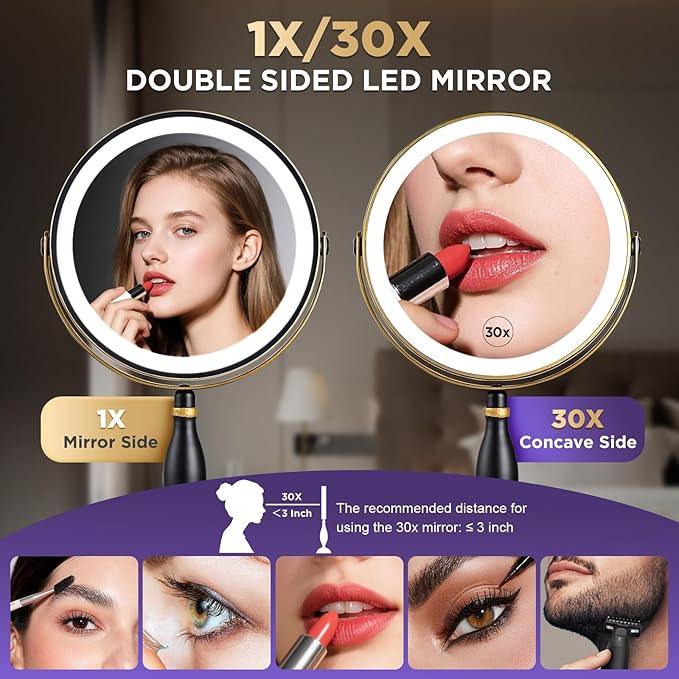 30x Magnifying Mirror with Light, Matte Black with Gold Trim, Makeup Mirror with 3 Color Lights & Brightness Adjustable, 5000mAh Rechargeable Vanity Mirror, Modern Style Side Touch + Side Charge - ModernBath