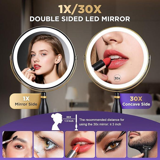 30x Magnifying Mirror with Light, Matte Black with Gold Trim, Makeup Mirror with 3 Color Lights & Brightness Adjustable, 5000mAh Rechargeable Vanity Mirror, Modern Style Side Touch + Side Charge - ModernBath
